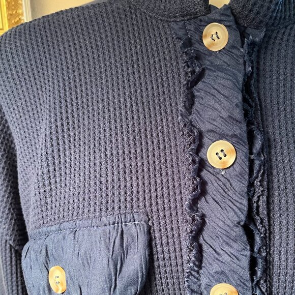 Beautifully Detailed Blue Waffle Knit Cardigan Shirt Jacket Layering Top Size L - Picture 2 of 6